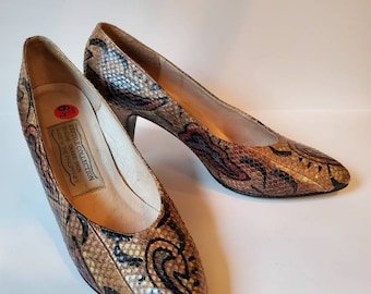 Snake skin vintage pumps with abstract print by the Reptile Collection, 1970's