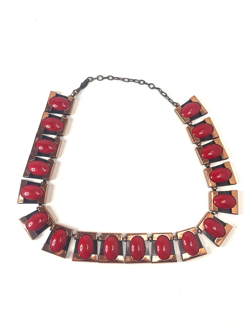 MATISSE Vintage Red Stone and Copper Necklace, Copper and enamel Choker, Vintage Copper Bib Necklace, Choker, Designer Choker image 1