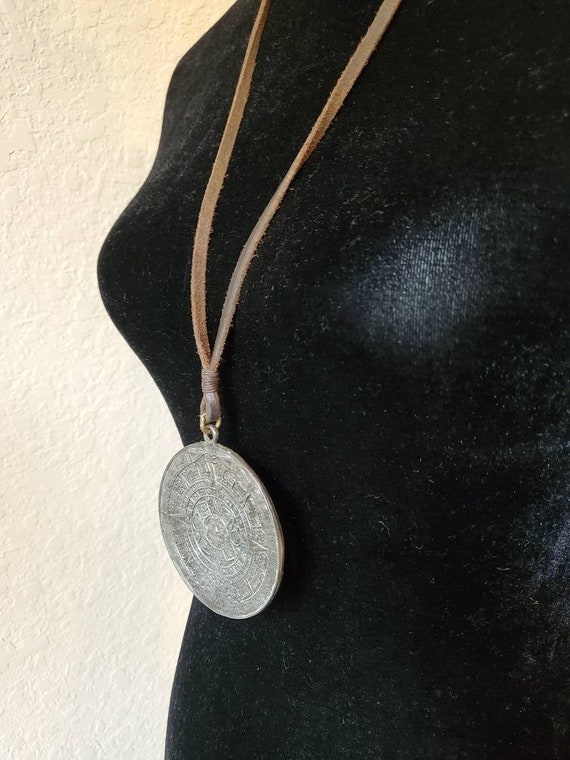 Aztec sun calendar vintage pewter necklace, 1970's - image 9