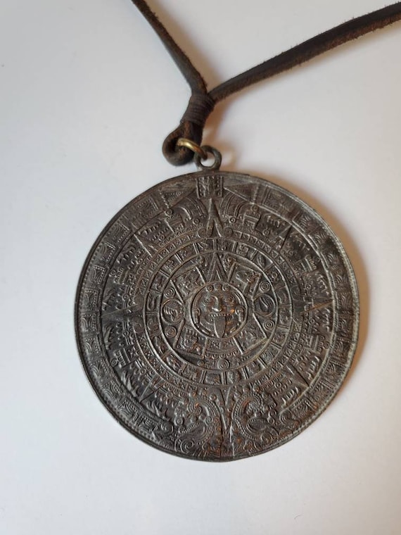 Aztec sun calendar vintage pewter necklace, 1970's - image 1