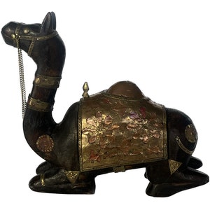Vintage Wooden Camel, Brass Camel, Multi Metal Camel, Ethic Animal, Mid Century Home Decor, Wooden Camel Sculpture, Brass and Wood Decor