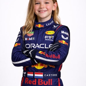 May include: A young person wearing a navy blue racing suit with the Red Bull logo and sponsor branding. The suit has white and red accents, and the person is smiling with arms crossed.