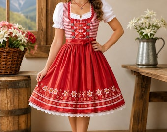 Red Floral Embroidered Dirndl Dress, Bavarian Trachten Outfit, Oktoberfest Costume