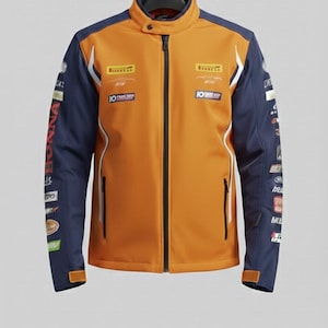 May include: Orange and navy blue racing jacket with a stand-up collar and a full-length zipper. The jacket features multiple sponsor patches and white accents. A black hanger supports the jacket against a neutral background.