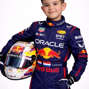 Boys Navy Blue F1 Style Racing Suit – Custom Name Patch, Driver 16 Karting Costume