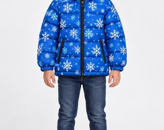 Kids Royal Blue Snowflake Puffer Jacket, Unisex Hooded Winter Coat for Boys and Girls, Warm Quilted Ski Jacket, Winter Snow Outerwear