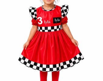Girls Red Racing Dress | Personalized  nsme and logo with Checkered Flag
