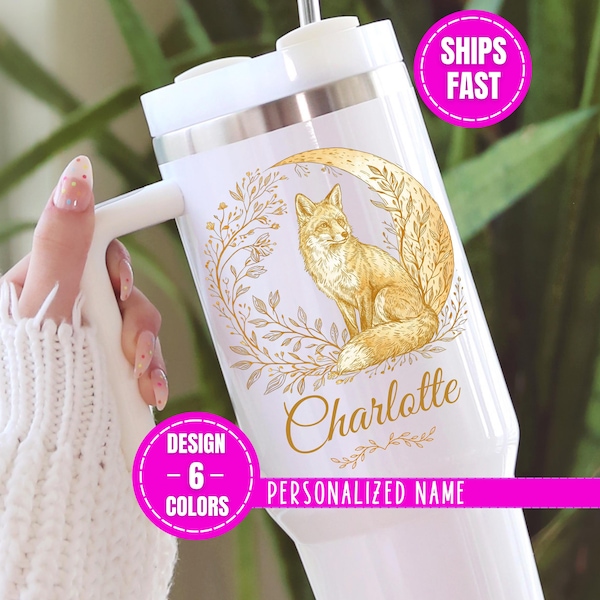 Personalized Fox Tumbler 40oz with Name, Woodland Animal Cup, Custom Name Gift, Nature Lover Tumbler, Boho Forest Cup, Rustic Fox Gift