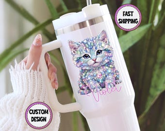 Jeweled Crystal Kitten Tumbler • Sparkly Cat Travel Cup in 40oz 20oz 15oz • Cute Gift for Teens & Cat Lovers