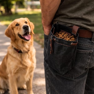 May include: A black canvas dog treat pouch with a brown leather strap and drawstring closure is attached to a person's jeans. The pouch is filled with dog food. A golden retriever dog is sitting on a path, looking up with its tongue out.