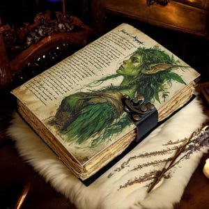 Könnte beinhalten: Ein großes Buch im antiken Stil mit einer Illustration einer grün gehäuteten Frau auf dem Einband. Das Buch ist mit einem schwarzen Lederriemen und einer Schnalle gebunden. Die gealterten Seiten deuten auf ein Vintage- oder Fantasy-Thema hin.