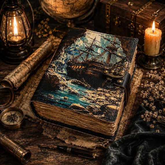 A genuinely handcrafted leather journal styled as a pirate captain's log — aged, nautical, and dripping with DnD/fantasy adventure energy.