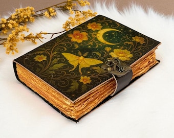Luna Moth Leather Journal: Vintage Blank Book of Shadows with Deckle Edge Paper