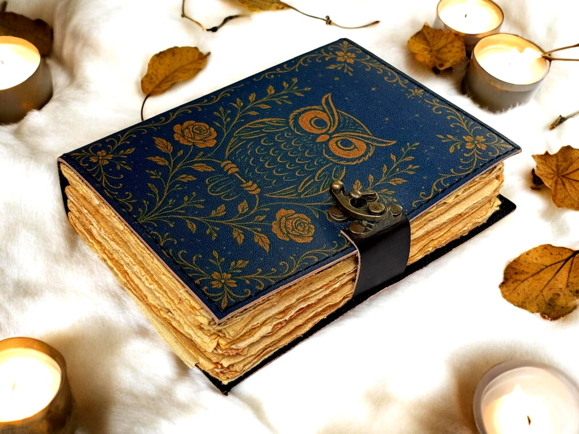 Blue Owl Leather Journal &ndash; Vintage Handmade Notebook with Lock | Embossed Owl Diary | Refillab