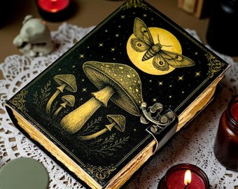 Vintage Mushroom Leather Journal with Lock: Handmade Grimoire