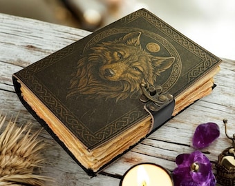 Wolf Print Leather Journal: Handmade Spell Book, Blank Book of Shadows