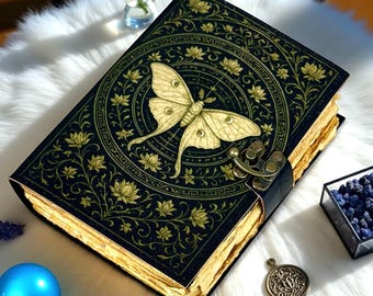 Luna Moth Leather Journal, Vintage Lock Book of Shadows