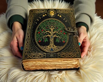 Diario de cuero hecho a mano con el Árbol de la Vida / Grimorio pagano, Libro de las Sombras