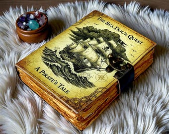 Handmade Leather Journal, Vintage Pirate Ship Notebook, Sea Dog’s Quest