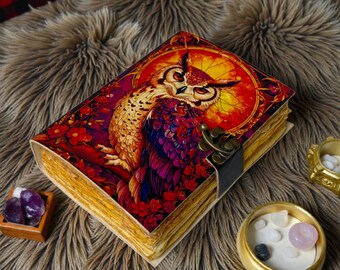 Handmade  Owl Leather Grimoire - Witchy Book Of Shadows Vintage Blank Spell Journal