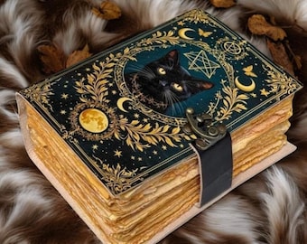 Black Cat Grimoire | Gothic Leather Book of Shadows with Lock