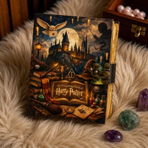 Może przedstawiać: Skórzany notatnik ze szczegółową ilustracją zamku Hogwart pod pełnią księżyca. Na okładce widnieje napis "The Wizarding World of Harry Potter". Notatnik jest zabezpieczony metalową klamrą i leży na puszystej, kremowej powierzchni.