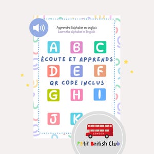 Peut inclure: Une affiche éducative colorée avec l'alphabet anglais, de A à K, dans des carrés. Le texte "Apprendre l'alphabet en anglais" est en haut. Un bus à impériale rouge est en bas, avec le texte "Petit British Club".