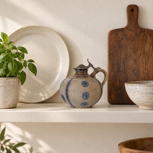 May include: A round, salt-glazed stoneware pitcher featuring a greyish-tan body with blue floral stamp patterns, a dark brown neck, and a metal hinged lid. The pitcher has a curved handle and sits centrally among kitchen items on a white shelf.