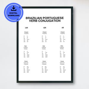 May include: A black framed print with the text "BRAZILIAN PORTUGUESE VERB CONJUGATION" in bold, black letters. The print is a digital download and features verb conjugations in Portuguese, organized by verb ending.