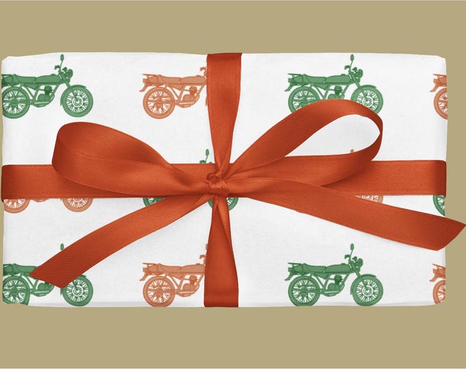Vintage Motorcycle Gift Wrap: Red & Green Hand-Drawn Art Paper