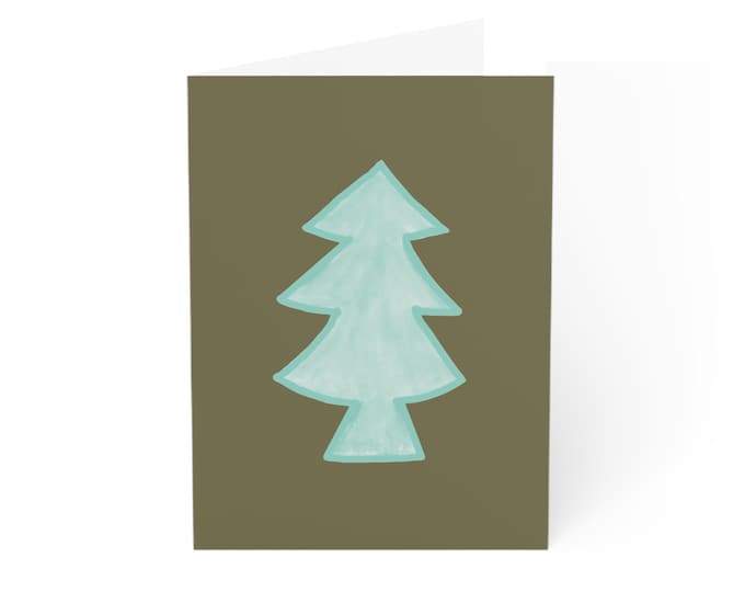Hand Sketched Tree Greeting Cards (10 Pieces); Green Holiday Cards