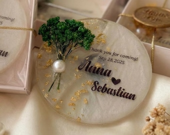 Recuerdos de boda, imán rústico bohemio, regalo de boda de otoño, resina de flores secas, lote personalizado para invitados, copos de oro o plata cremosos, personalizado