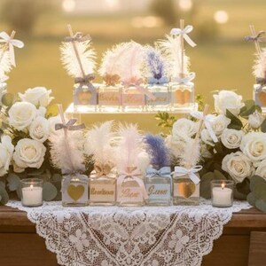 Difusor de caña personalizado para bodas, botella con mensaje personalizado y pluma, regalos bohemios para despedidas de soltera, recuerdos de compromiso para invitados.