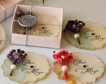 Recuerdos de boda, imán rústico bohemio, regalo de boda de otoño, resina de flores secas, lote personalizado para invitados, copos de oro o plata cremosos, personalizado