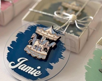 Imán para baby shower, regalo personalizado de luna de madera y acrílico, recuerdo de oso durmiendo, bienvenida para recién nacido, oso de peluche con nombre personalizado al por mayor