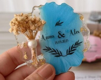 Recuerdos de boda para invitados al por mayor, imán de epoxi personalizado, recuerdos de compromiso personalizados, resina con flores secas