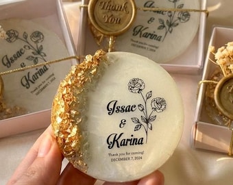 Imán para recuerdos de boda al por mayor, regalo personalizado de geoda dorada, recuerdo de resina epoxi de lujo, agradecimiento moderno para invitados, estilo ágata