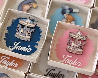 Recuerdos de baby shower con carrusel, imán personalizado de carrusel, temática de parque de atracciones, regalo personalizado de madera y acrílico, primer cumpleaños al por mayor