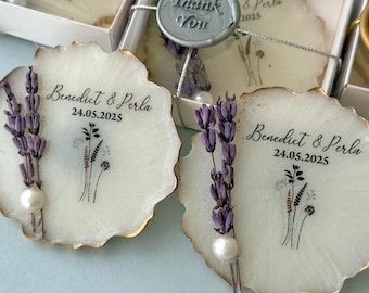 Recuerdos de boda de lavanda, imán de flores secas auténticas, regalo con temática morada, recuerdo de estilo campestre francés, borde dorado personalizado, arte botánico