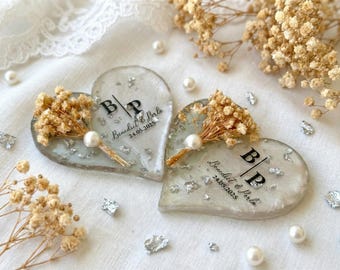 Imán plateado para baby shower, regalo de bautizo personalizado, recuerdo de bienvenida personalizado, imán de corazón de epoxi, bautizo de niño y niña