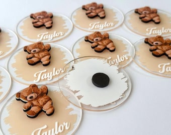 Imán personalizado para recuerdo de bautizo, regalo personalizado de madera y acrílico con nombre, recuerdo de bautizo, obsequio para invitados, arte 3D de lujo con técnica mixta.