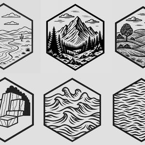 May include: Set of six black and white hexagonal illustrations featuring various landscapes. Scenes include a desert with a cactus, a mountain range, rolling hills with trees, a rock formation, ocean waves, and a pattern of water.