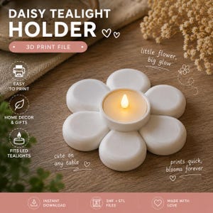 Könnte beinhalten: Ein weißer Teelichthalter in Gänseblümchenform mit glattem, abgerundetem Blütendesign. In der Mitte befindet sich ein kleines, leuchtendes LED-Teelicht. Das Bild enthält Text wie DAISY TEALIGHT HOLDER, 3D PRINT FILE und weitere Beschreibungen.