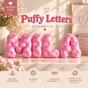 May include: Pink tufted 3D letters spelling MILA with a button-tufted texture. The text reads Puffy Letters ALPHABET A-Z. Icons indicate instant download, 3D print files, complete alphabet, and home decor use. The letters have a glossy finish.
