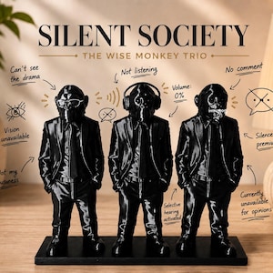 Könnte beinhalten: Ein schwarzes Figurenset mit dem Titel SILENT SOCIETY THE WISE MONKEY TRIO, das drei Affen in Anzügen zeigt. Der erste trägt eine Brille, der zweite Kopfhörer und der dritte einen Reißverschluss am Mund. Handgezeichnete Anmerkungen enthalten Text wie Not listening.