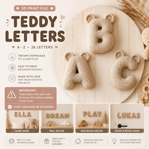 May include: A 3D print file set of teddy letters A-Z featuring a fuzzy texture. The letters A, B, and C are displayed in a beige color with small rounded ears on top. The image includes text labels for name signs, wall decor, and room signs.
