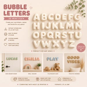 May include: A digital 3D print file set featuring the alphabet in bubble letters. The image displays the letters A through Z in a rounded, cream-coloured font. Examples show the letters used as wall decor spelling LUCAS, EMILIA, PLAY, and GOOD VIBES.