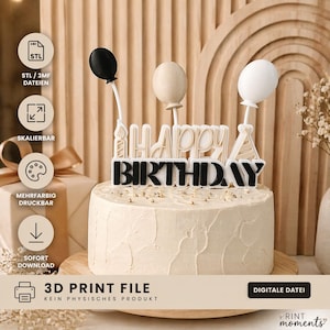 Op de afbeelding: Een ronde, bevroren cake met een "Happy Birthday" taarttopper en drie ballondecoraties. De topper is wit met zwarte letters. De taart staat op een houten standaard. De afbeelding bevat ook pictogrammen en tekst.