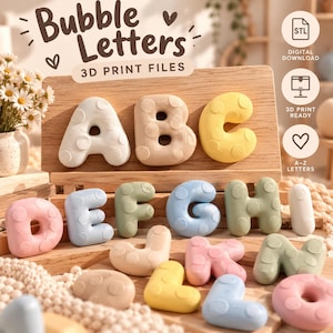 May include: A collection of 3D printed bubble letters featuring a polka dot texture in various pastel colors. The image includes the text Bubble Letters 3D Print Files, STL Digital Download, 3D Print Ready, and A-Z Letters. The letters are arranged on a wooden surface.