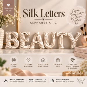 Op de afbeelding: Een set 3D-printbestanden voor alfabetletters A-Z, met een crèmekleurige, zijdeachtige, vloeiende textuur. De letters spellen het woord BEAUTY in een groot, decoratief lettertype. Inclusief digitale downloadinformatie en diverse iconen.